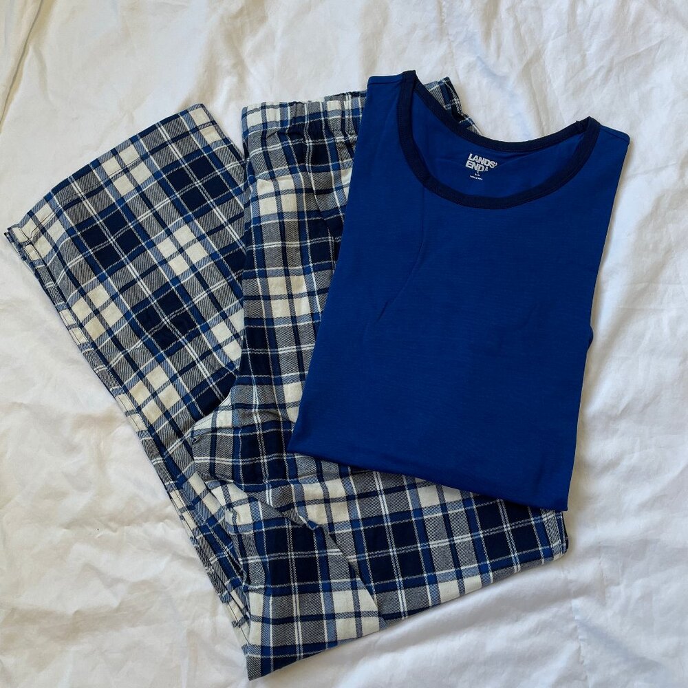 Lands' End Women's Pajama Set Knit Long Sleeve T-Shirt & Flannel Pants, NWT